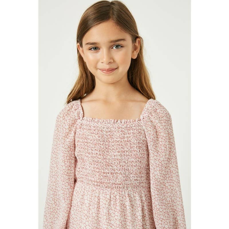 Girls Smocked Square Neck Floral Mini Dress