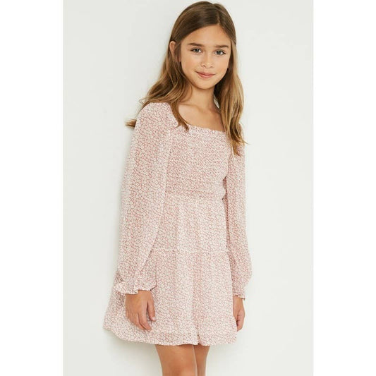 Girls Smocked Square Neck Floral Mini Dress